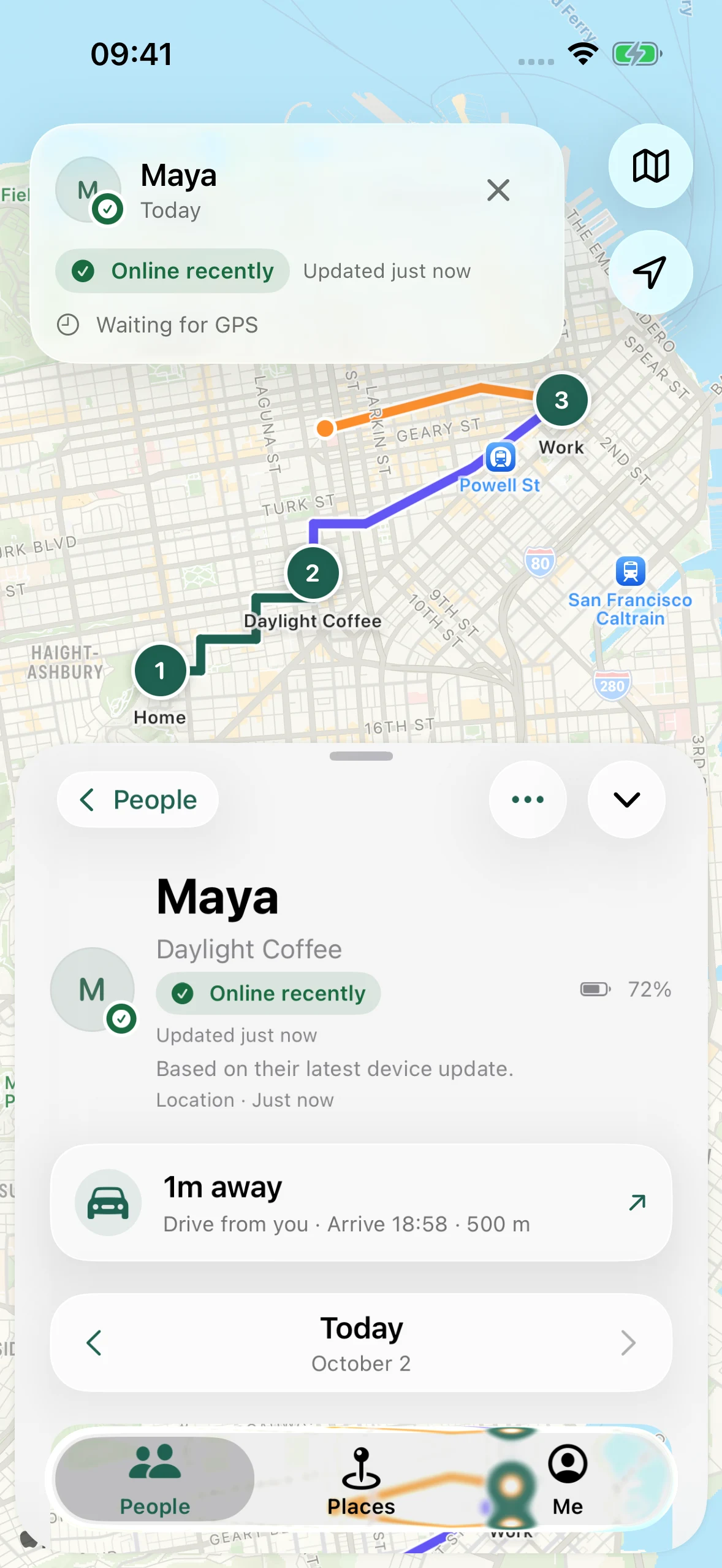 Maya’s day with routes, places, and a travel-time estimate