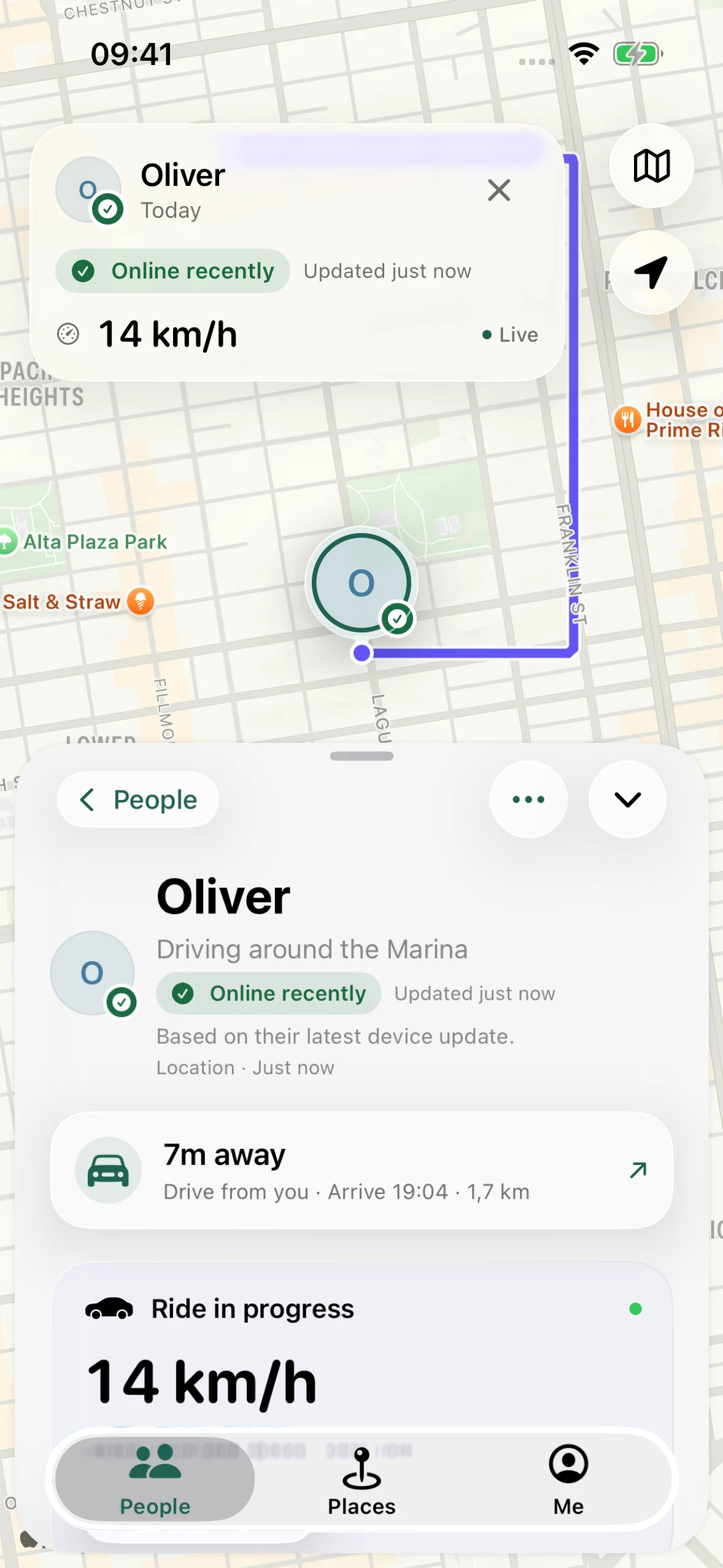 Oliver’s shared drive, with a route and live speed